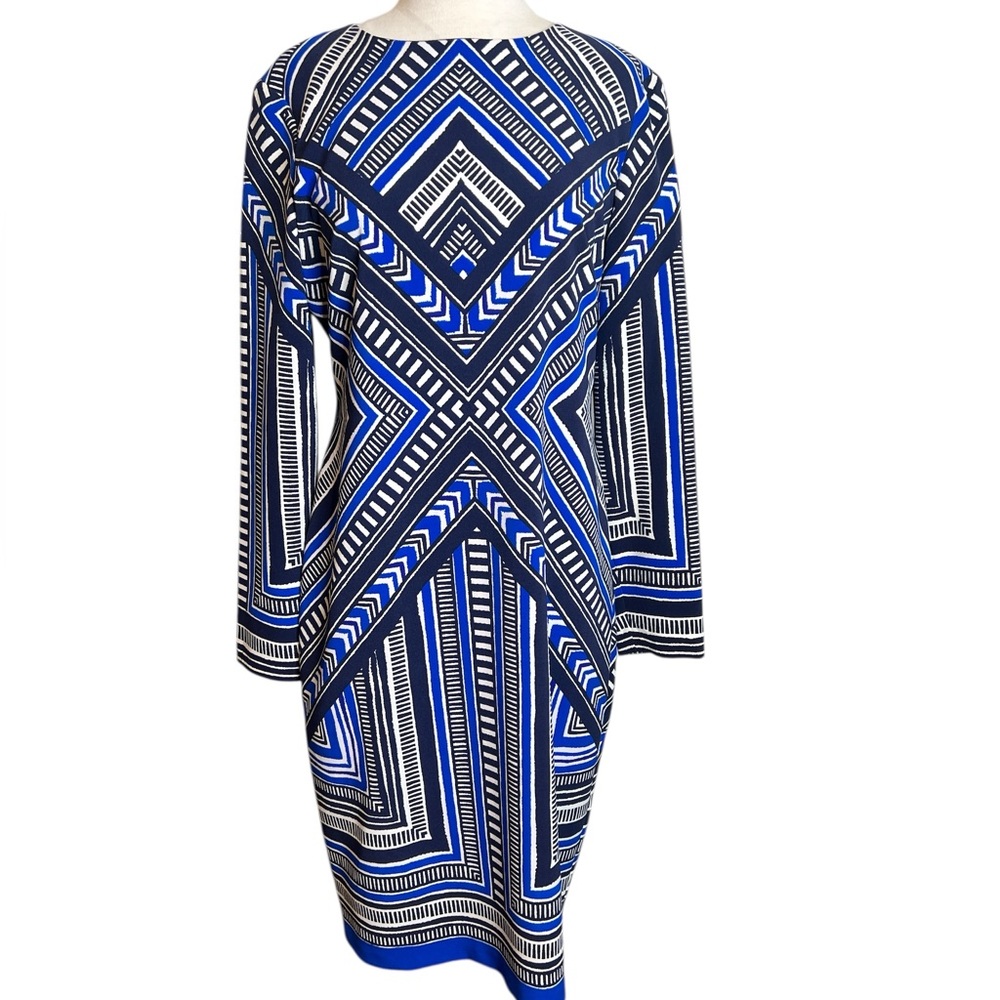 Vince Camuto Blue and Black Sheath Dress Long Sleeve Cocktail